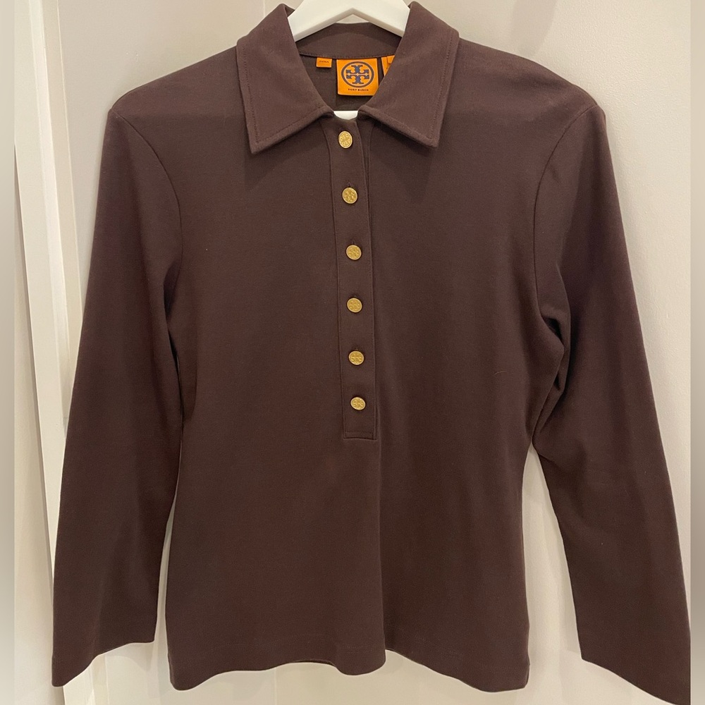 Tory Burch vintage long sleeved brown polo w/gold buttons EUC size Large